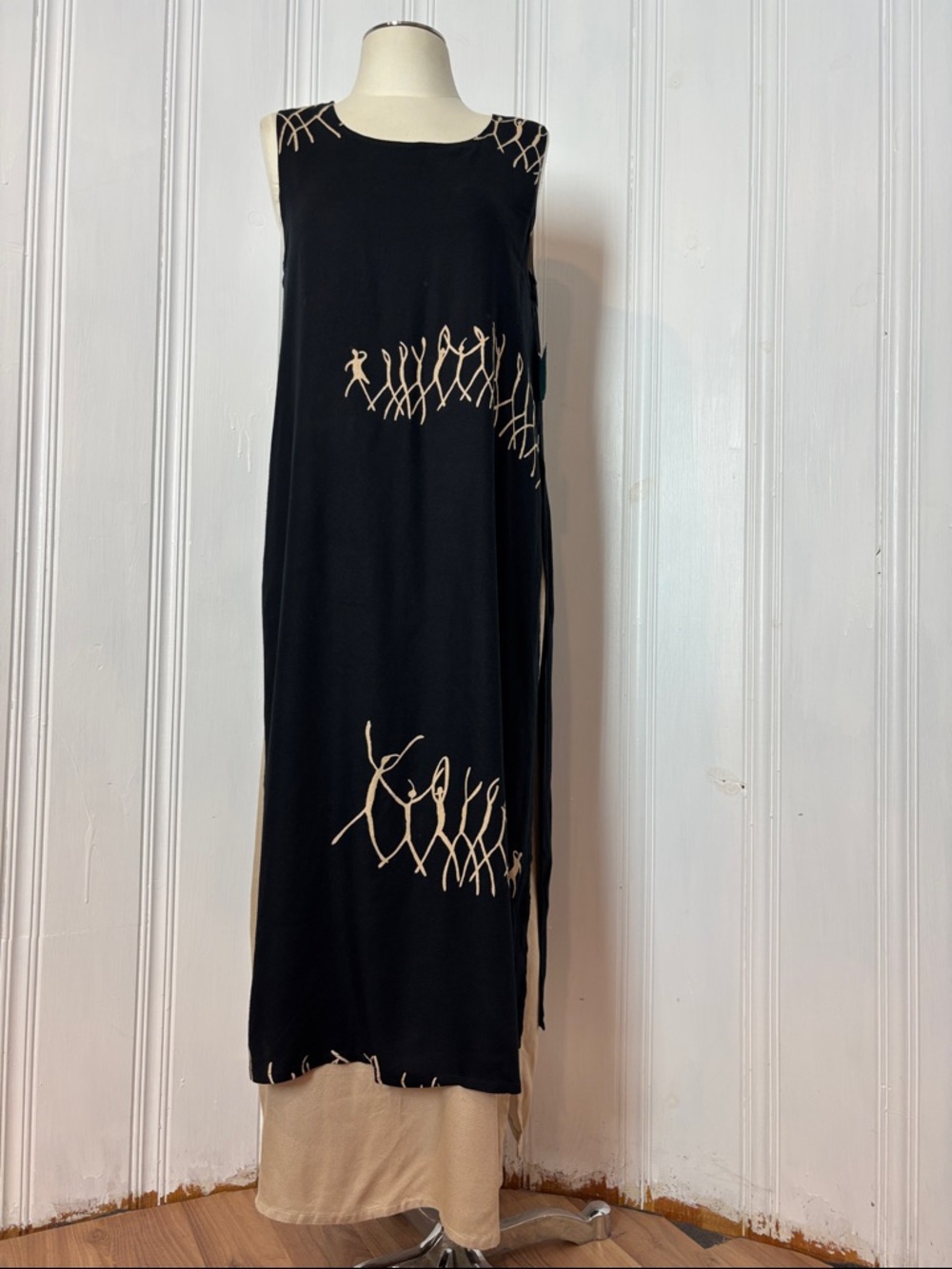 ANIMALE Black Beige Layered Art Print Boho Maxi Dress - Size M (estimated)